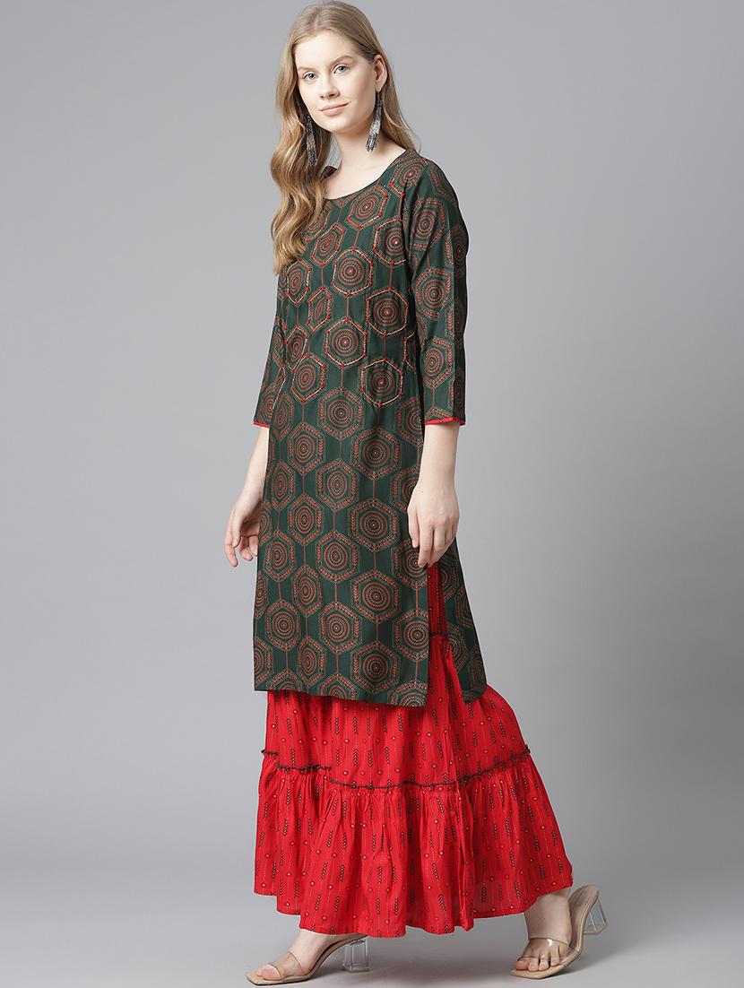 green rayon kurta sharara set - 18080087 - Zoom Image - 2