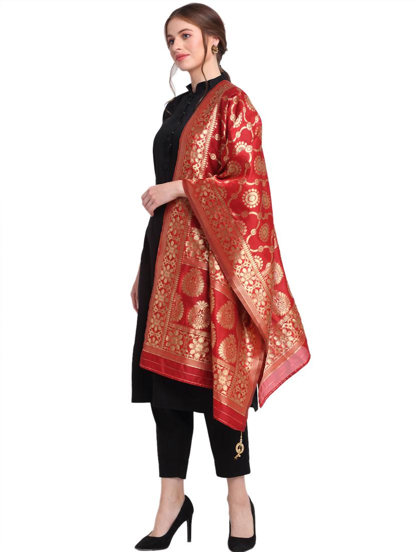 red silk woven dupatta - 18082703 - Zoom Image - 2