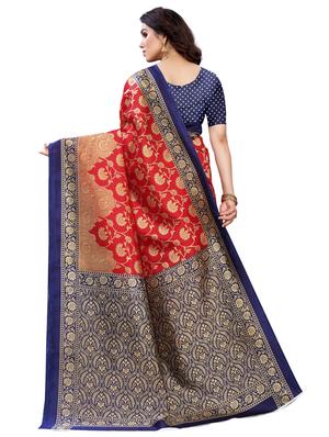 navy silk blend printed saree with blouse - 18109649 - Standard Image - 2