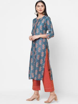 blue art silk kurta palazzo set - 18113062 - Standard Image - 2