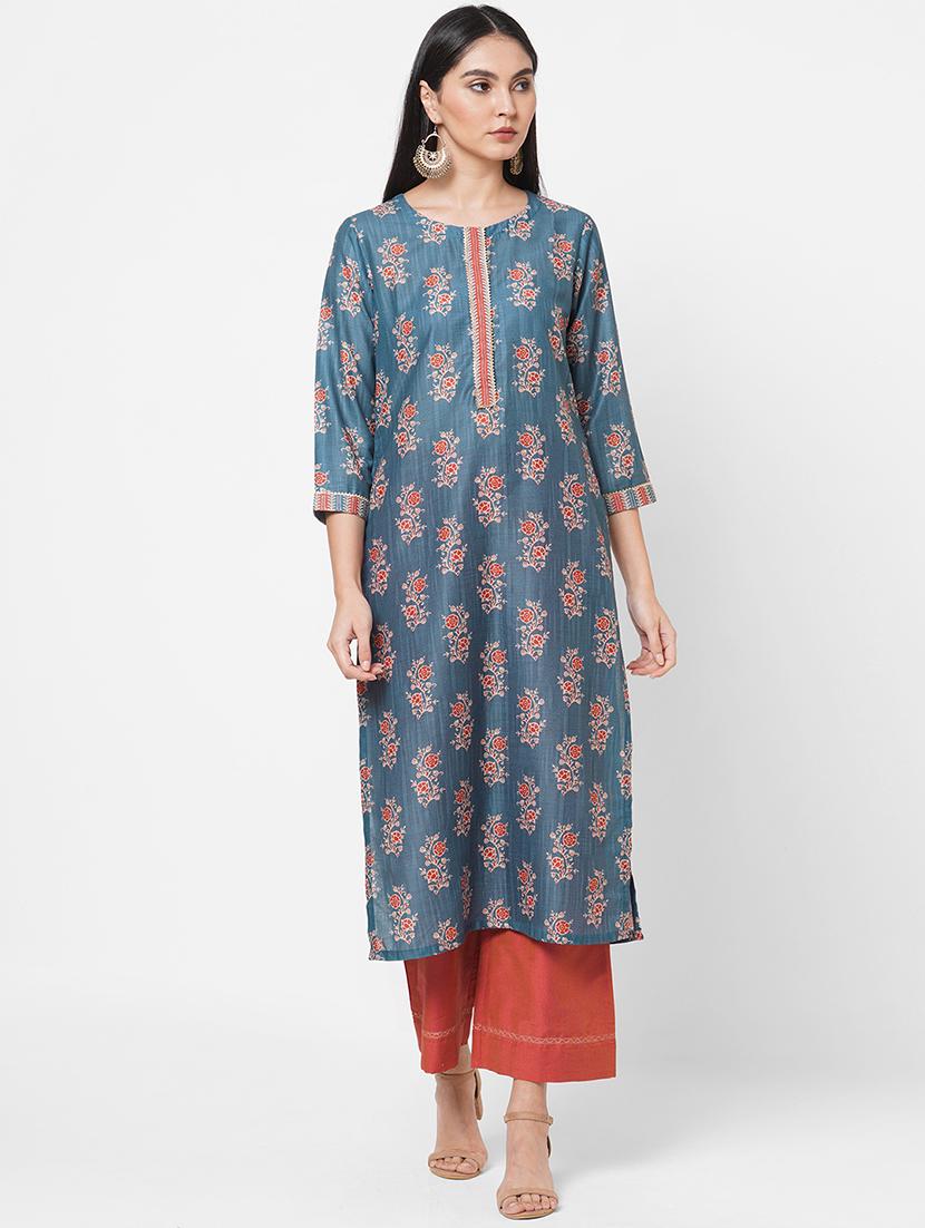 blue art silk kurta palazzo set - 18113062 - Zoom Image - 1