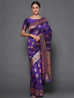 purple art silk banarasi saree with blouse - 18113785 - Standard Image - 2