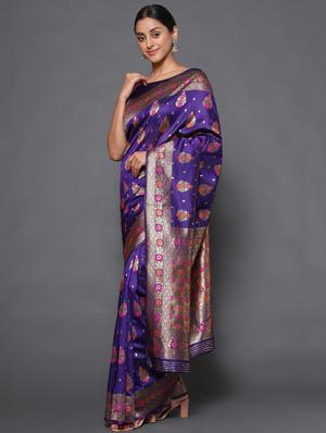 purple art silk banarasi saree with blouse - 18113785 - Standard Image - 3