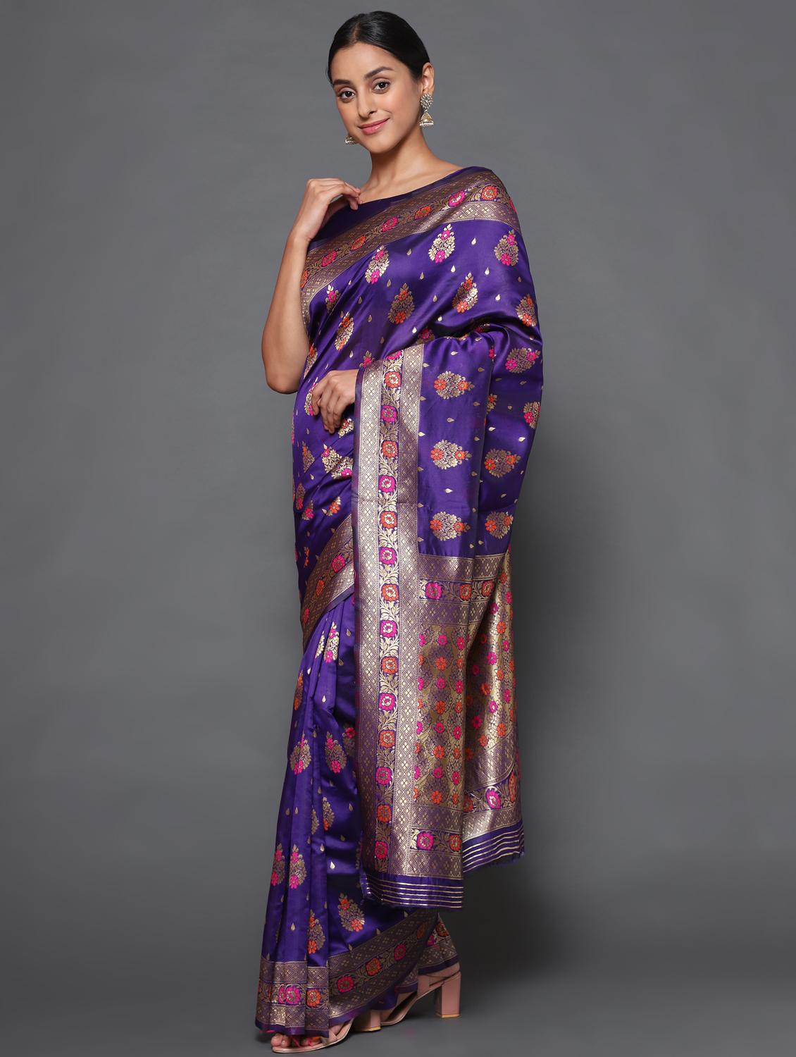 purple art silk banarasi saree with blouse - 18113785 - Zoom Image - 3