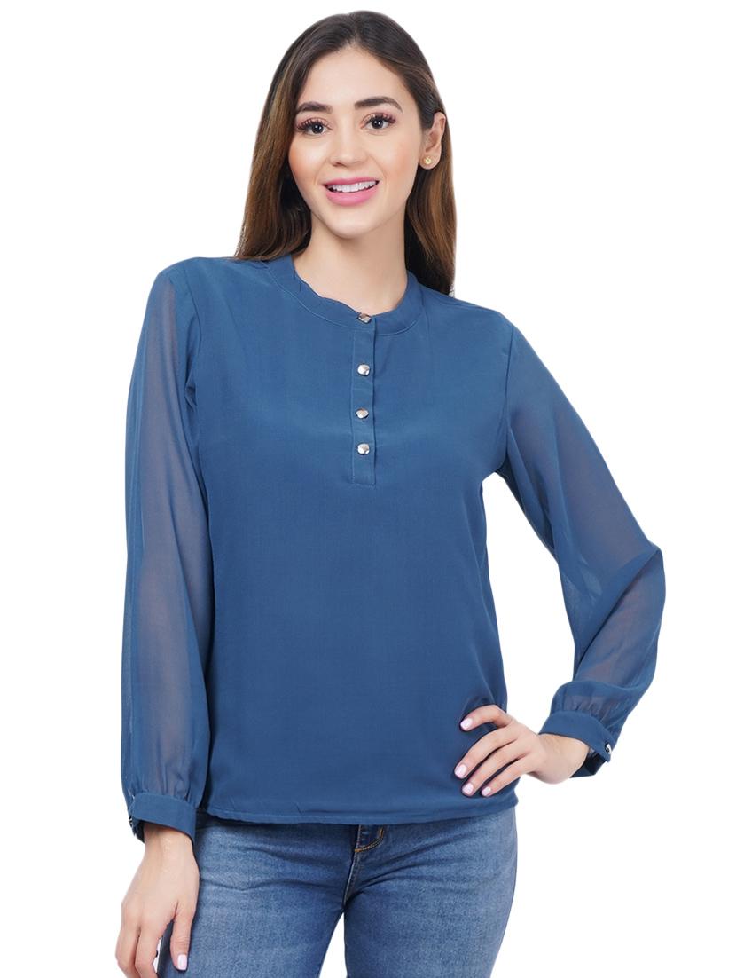 blue poly georgette straight top - 18114322 - Zoom Image - 1