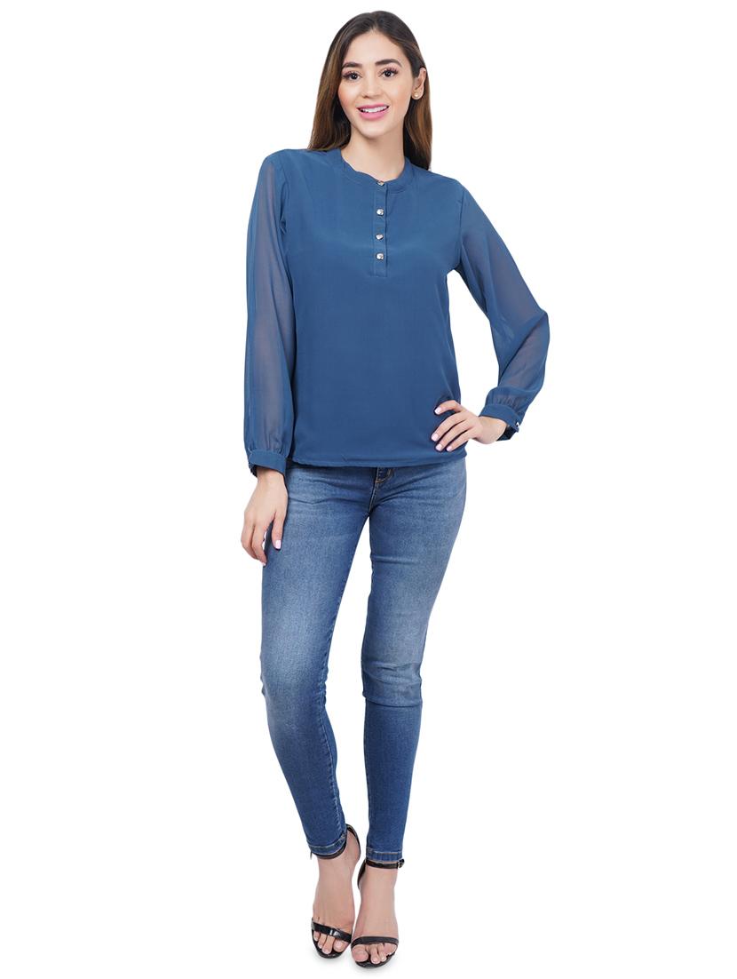 blue poly georgette straight top - 18114322 - Zoom Image - 4