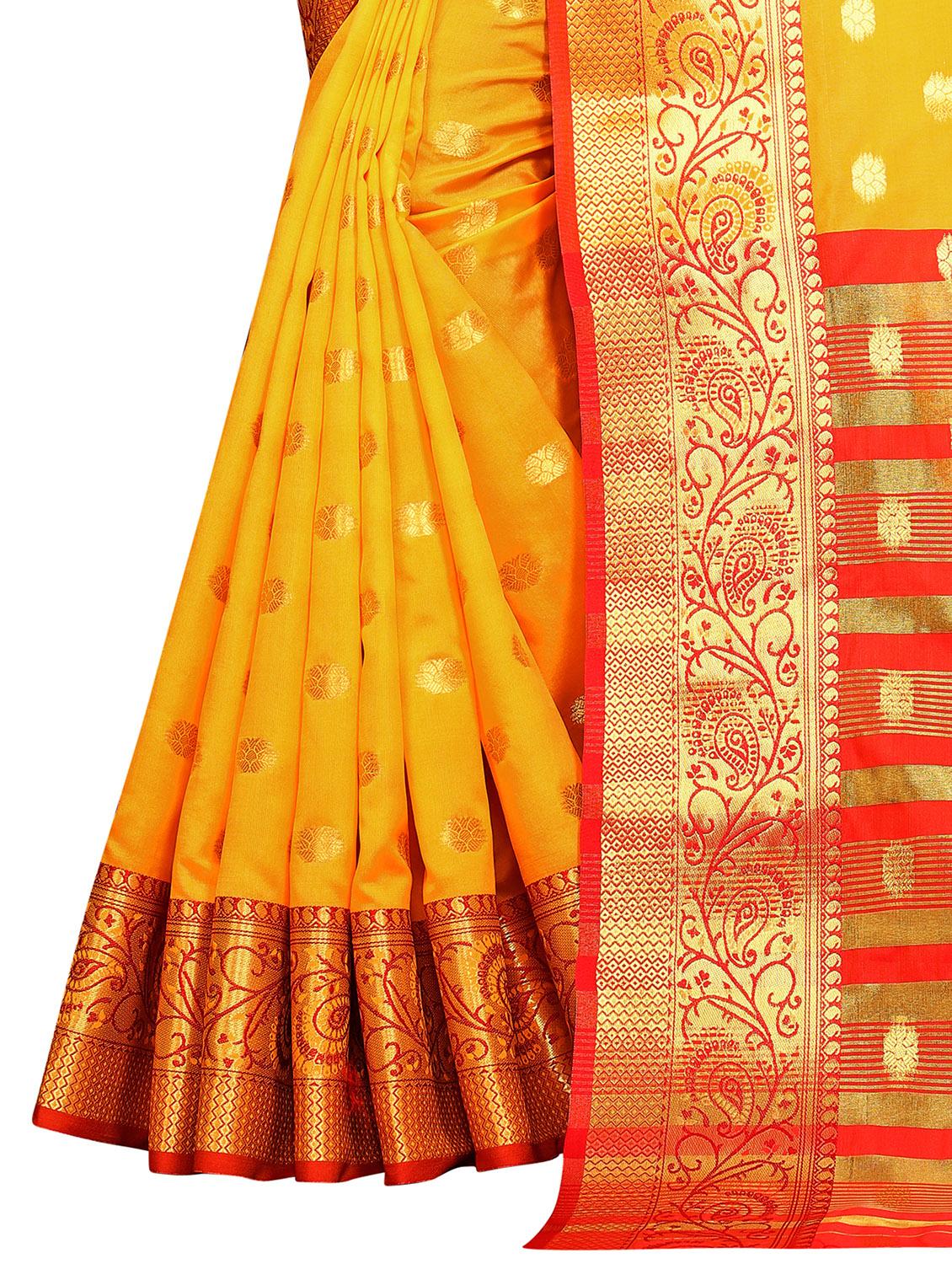 yellow silk woven saree with blouse - 18121041 - Zoom Image - 4