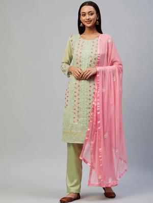 green georgette straight pant suits unstitched suit - 18139921 - Standard Image - 2
