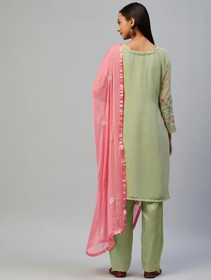 green georgette straight pant suits unstitched suit - 18139921 - Standard Image - 3