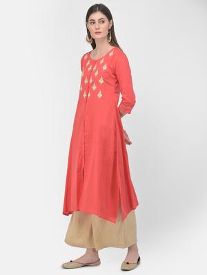 pink solid a-line kurta - 18141337 - Standard Image - 3