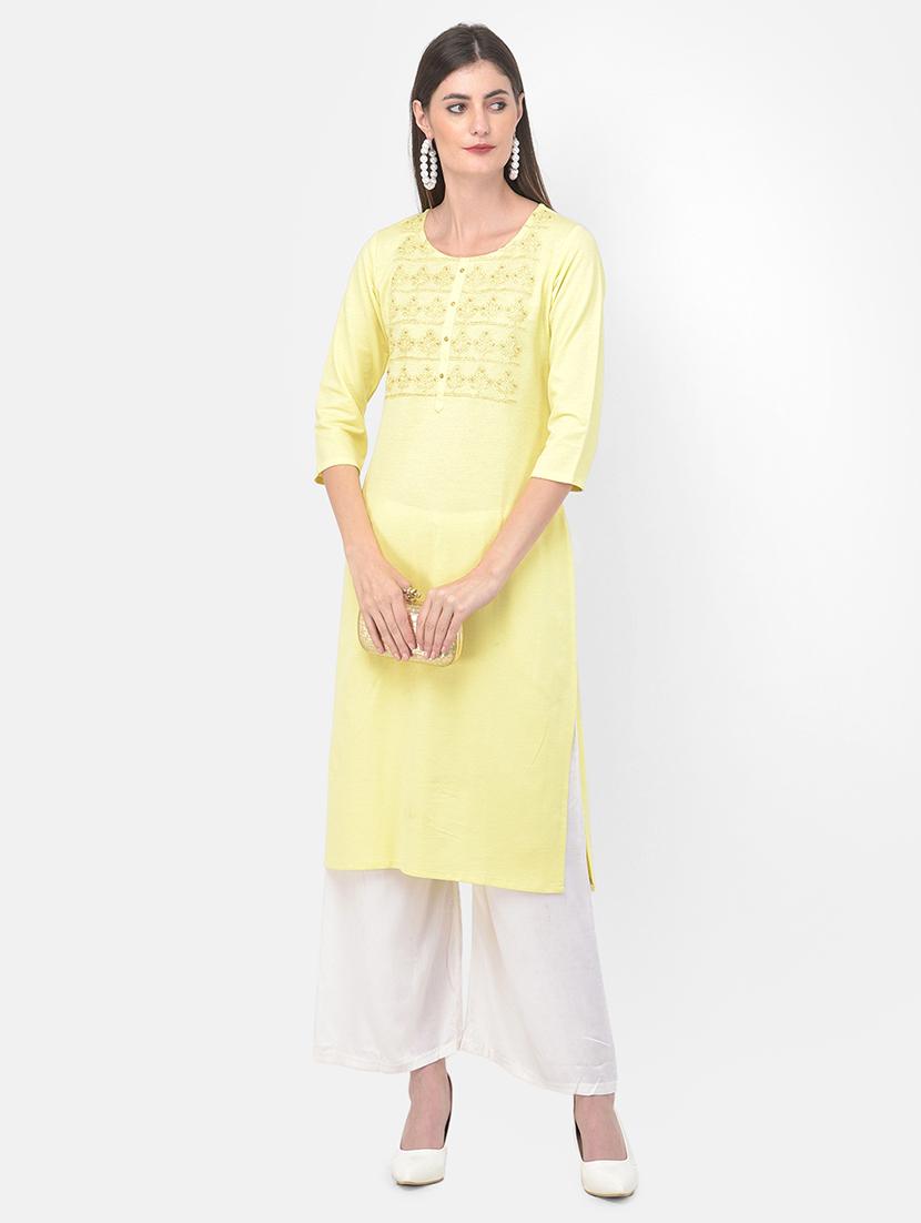 yellow solid straight kurta - 18141367 - Zoom Image - 5