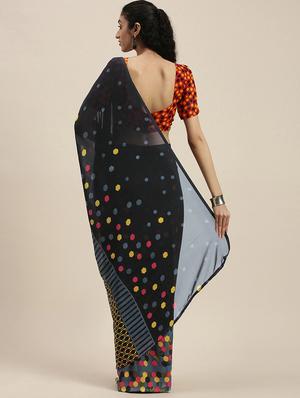 black georgette printed saree with blouse - 18144987 - Standard Image - 2