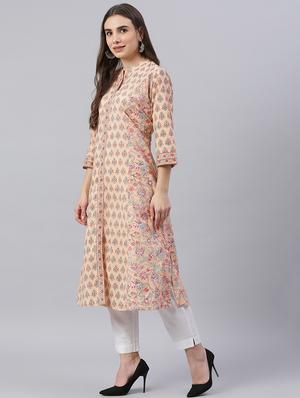 peach cotton straight kurta - 18163096 - Standard Image - 3