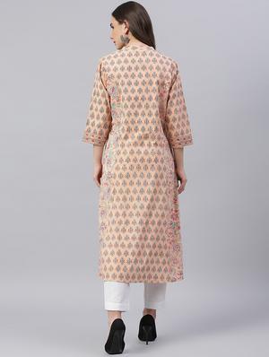 peach cotton straight kurta - 18163096 - Standard Image - 4