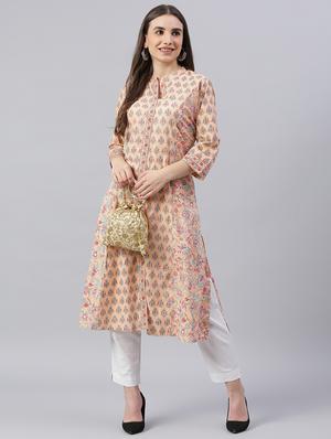 peach cotton straight kurta - 18163096 - Standard Image - 5