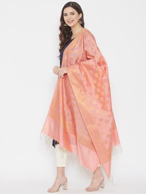 peach silk blend woven dupatta - 18163382 - Standard Image - 2