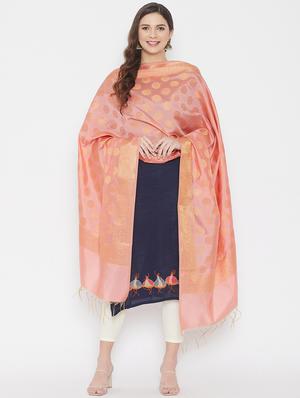 peach silk blend woven dupatta - 18163382 - Standard Image - 3