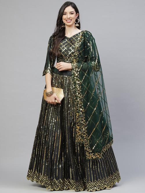 green satin flared lehenga - 18164566 - Standard Image - 1