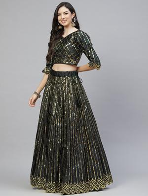 green satin flared lehenga - 18164566 - Standard Image - 2
