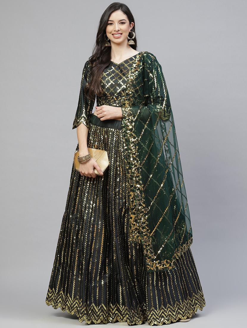 green satin flared lehenga - 18164566 - Zoom Image - 1