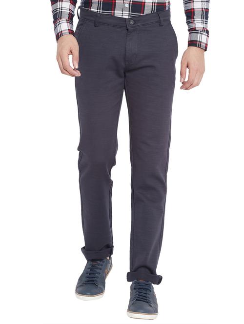 navy blue cotton flat front casual trousers - 18170131 - Standard Image - 1