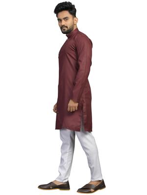 brown silk blend kurta pyjama ethnic wear set - 18179233 - Standard Image - 3
