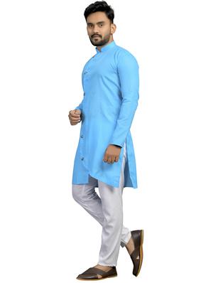 blue silk blend kurta pyjama ethnic wear set - 18179242 - Standard Image - 3