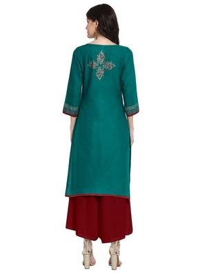 teal cotton straight kurta - 18179710 - Standard Image - 3