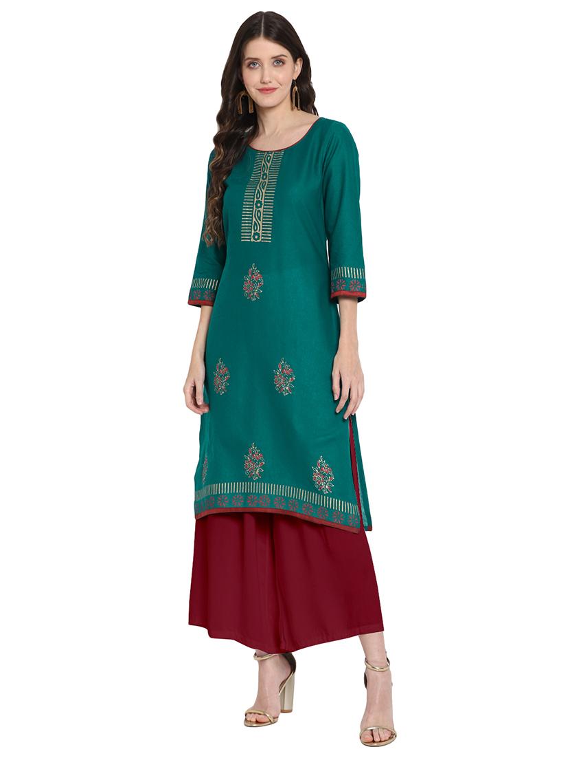teal cotton straight kurta - 18179710 - Zoom Image - 1