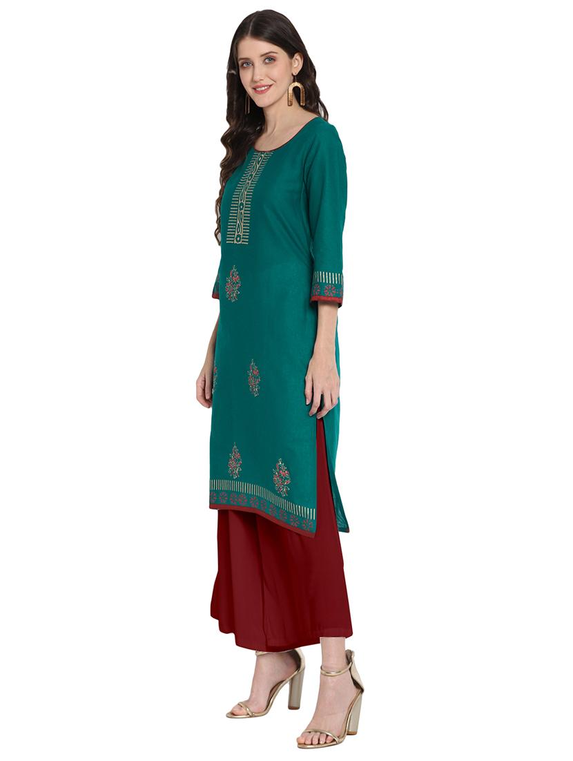 teal cotton straight kurta - 18179710 - Zoom Image - 2