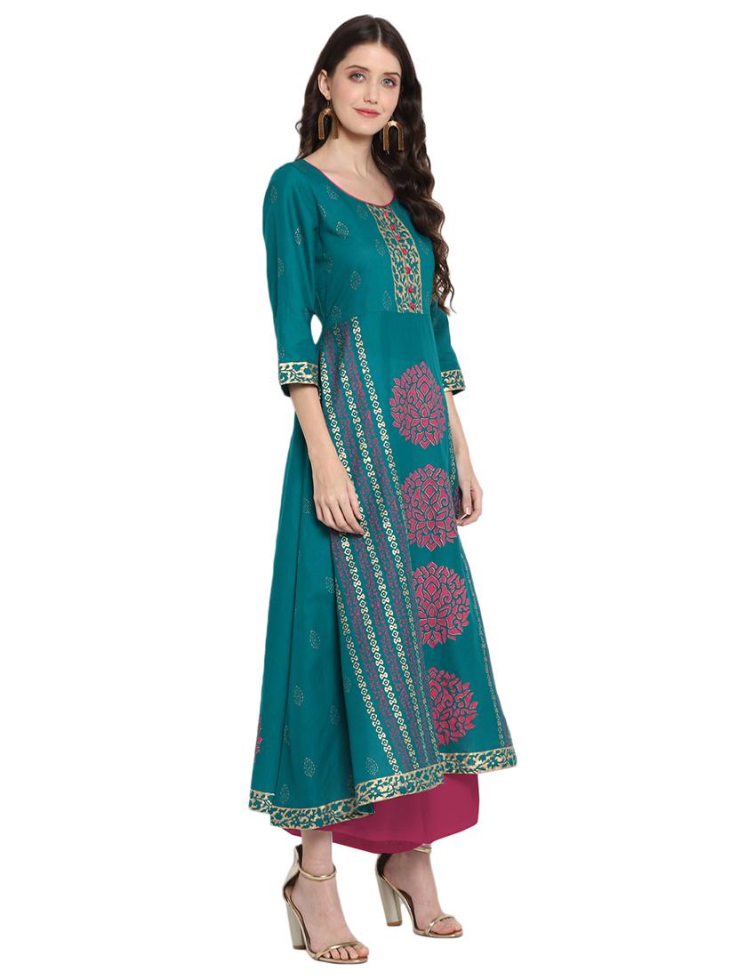teal cotton a-line kurta - 18179714 - Zoom Image - 2
