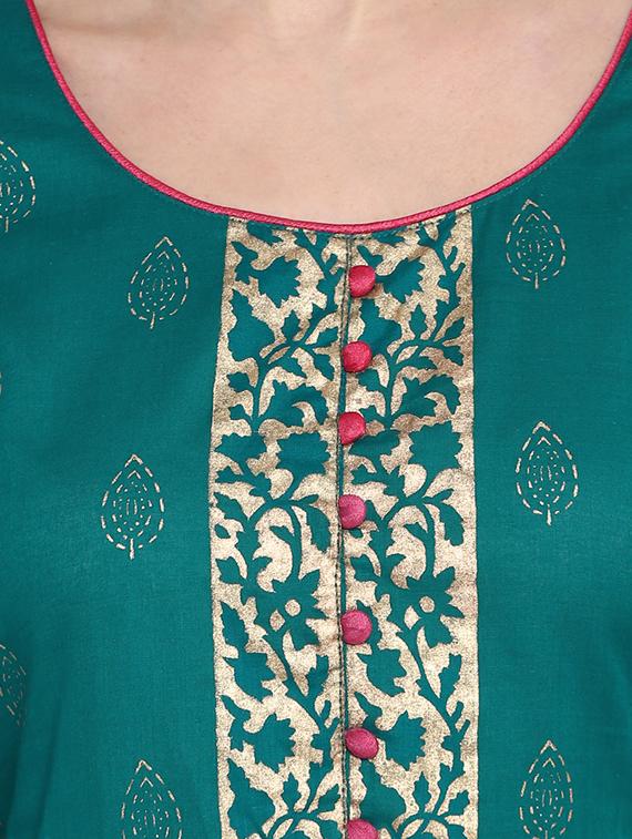 teal cotton a-line kurta - 18179714 - Zoom Image - 4
