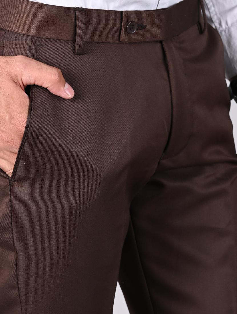 coffee brown solid flat front trouser - 18182080 - Zoom Image - 5