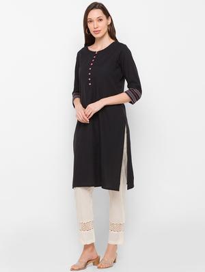 black cotton straight kurta - 18182371 - Standard Image - 3