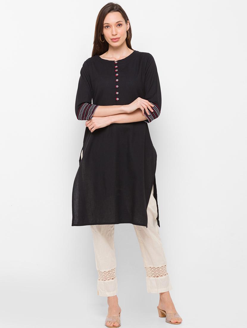 black cotton straight kurta - 18182371 - Zoom Image - 1