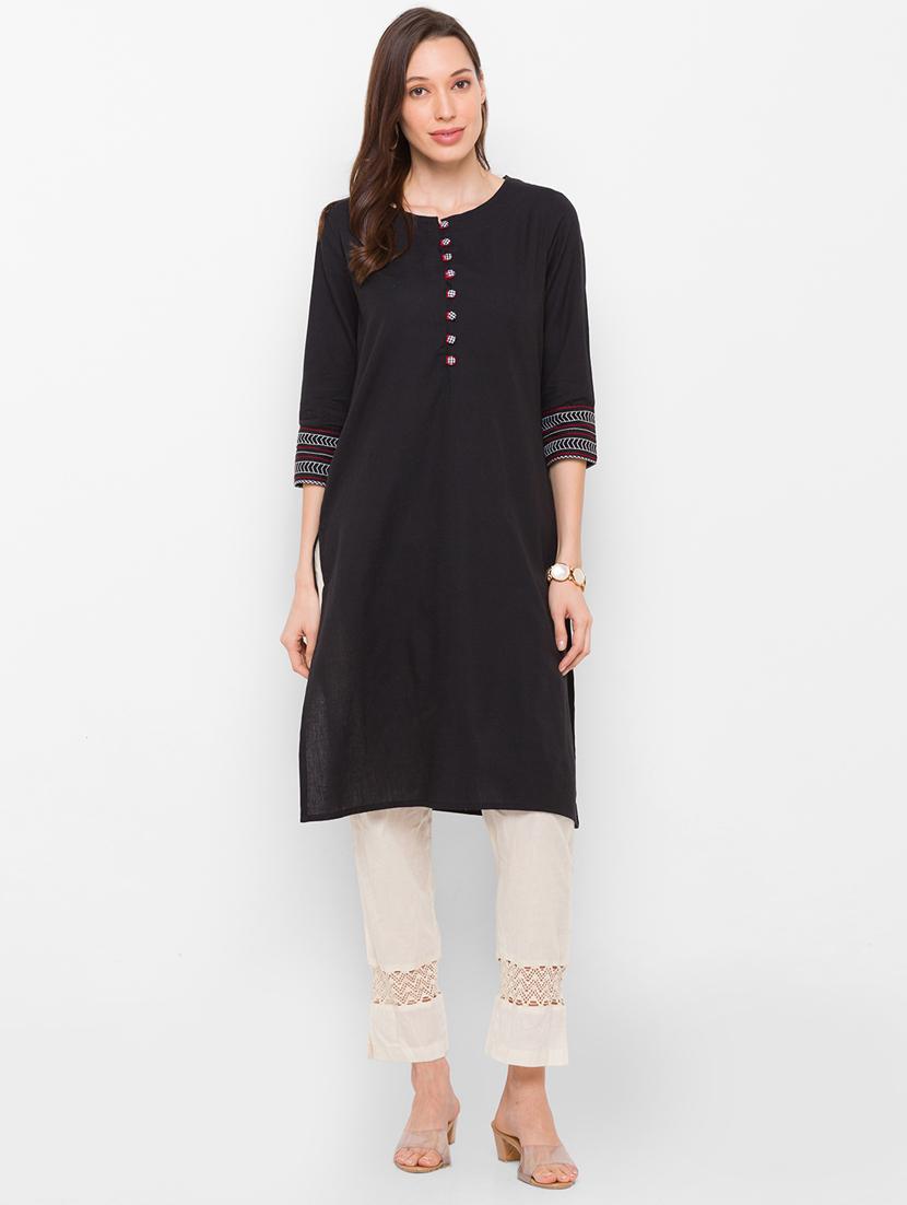black cotton straight kurta - 18182371 - Zoom Image - 2