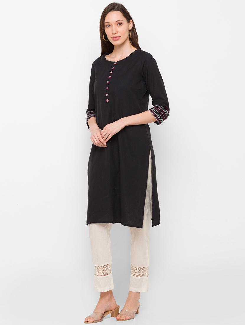 black cotton straight kurta - 18182371 - Zoom Image - 3