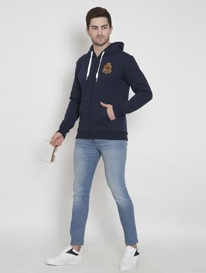 navy blue solid hooded casual jacket - 18184723 - Standard Image - 4