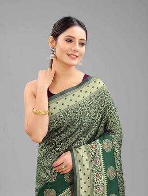 green art silk banarasi saree with blouse - 18187184 - Standard Image - 4