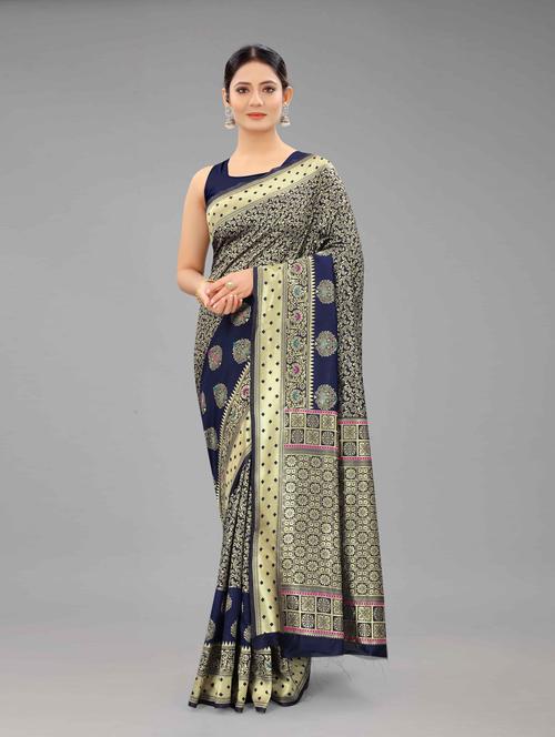 navy art silk banarasi saree with blouse - 18187185 - Standard Image - 1