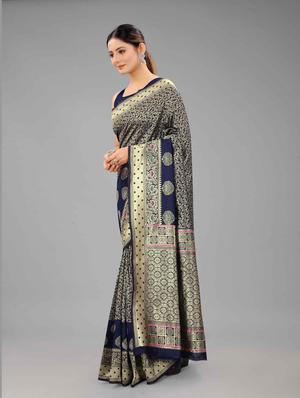 navy art silk banarasi saree with blouse - 18187185 - Standard Image - 2