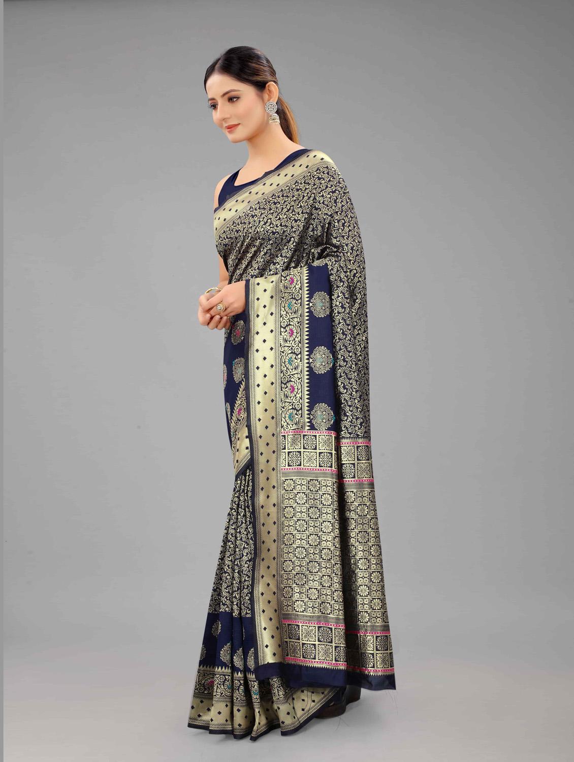 navy art silk banarasi saree with blouse - 18187185 - Zoom Image - 2