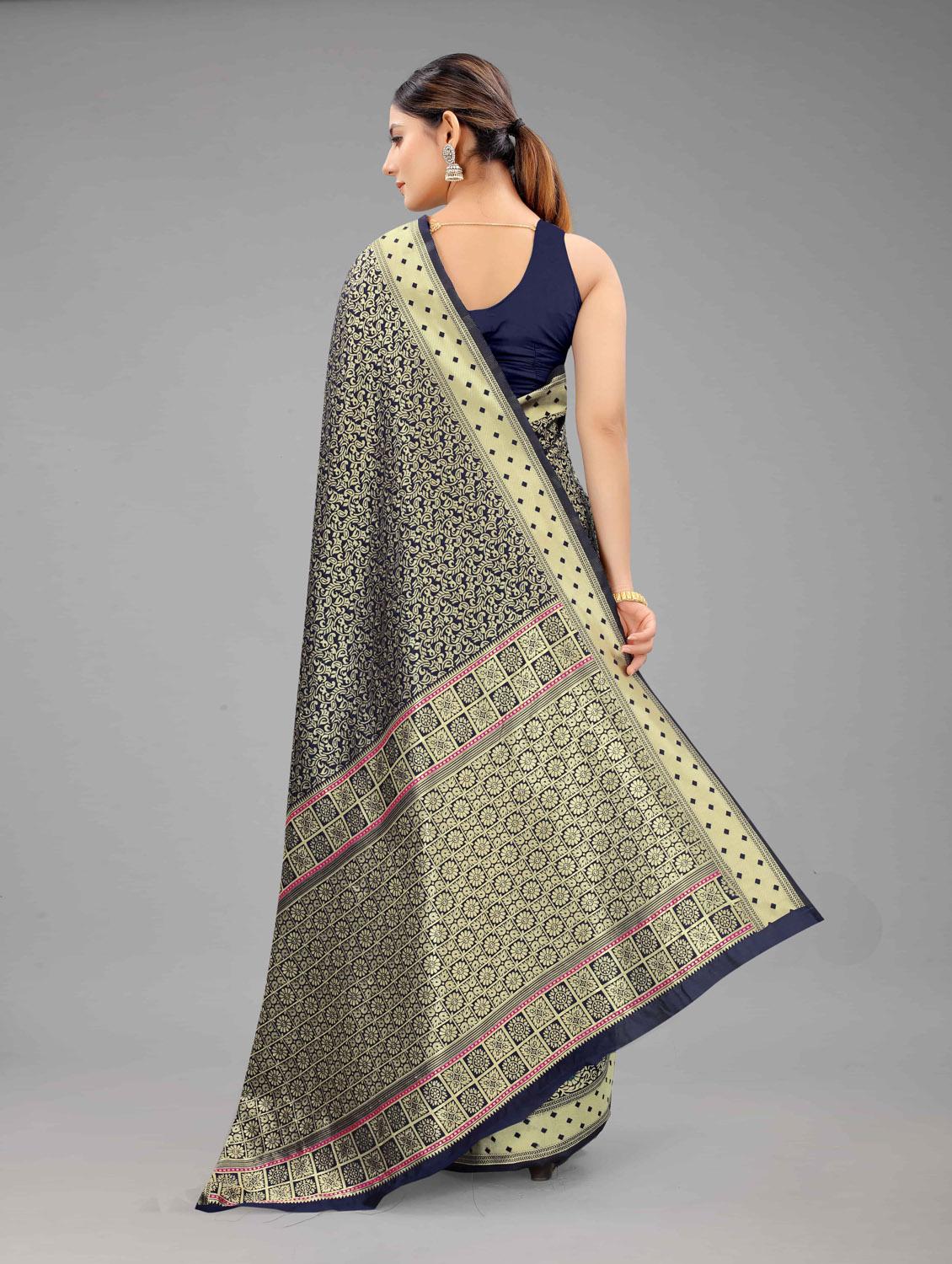 navy art silk banarasi saree with blouse - 18187185 - Zoom Image - 3