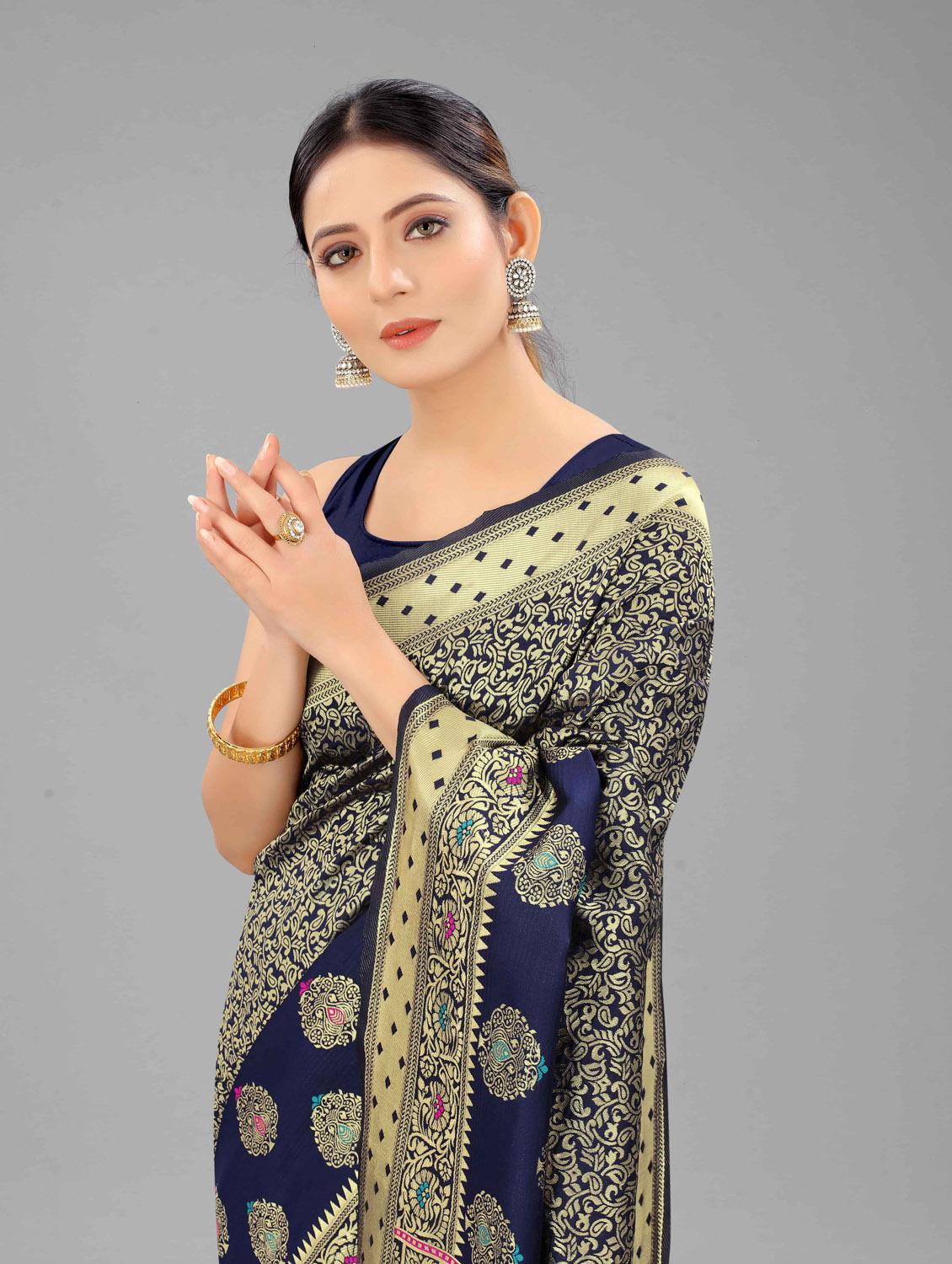 navy art silk banarasi saree with blouse - 18187185 - Zoom Image - 4