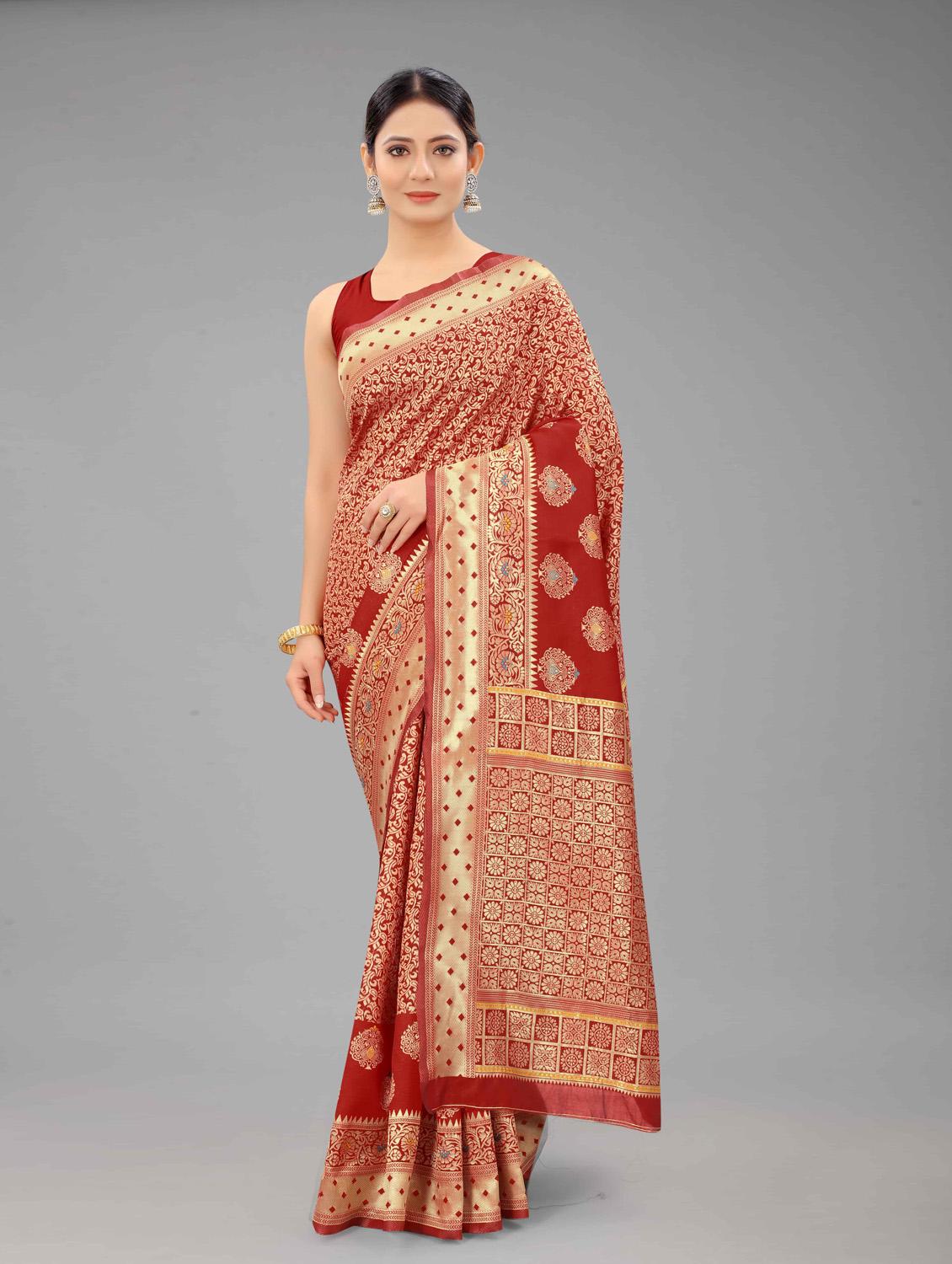 red art silk banarasi saree with blouse - 18187187 - Zoom Image - 1