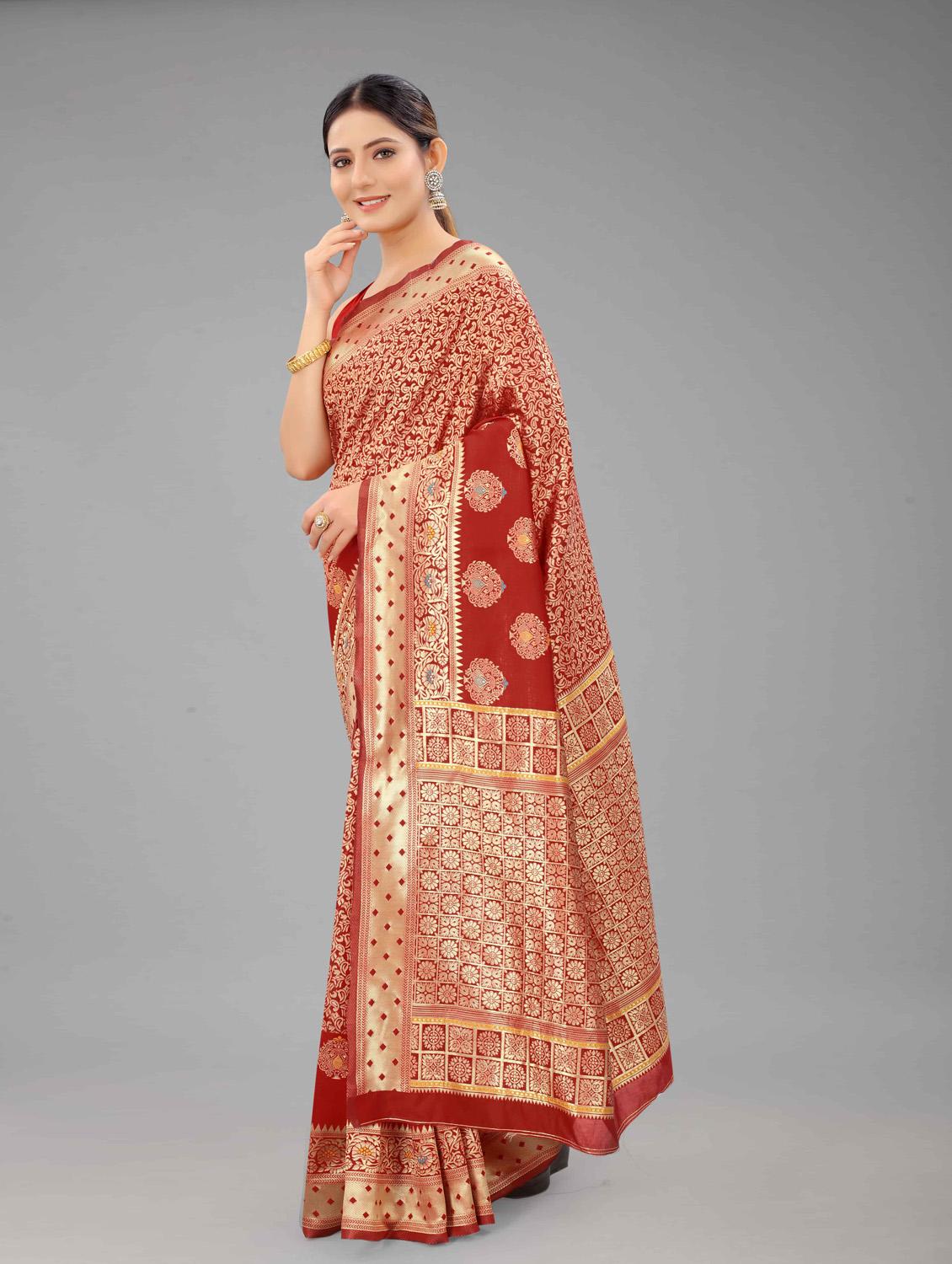 red art silk banarasi saree with blouse - 18187187 - Zoom Image - 2