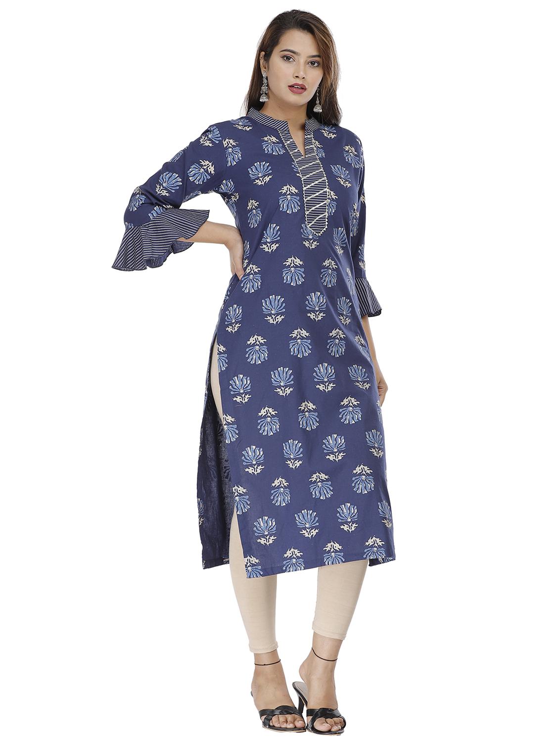navy printed straight kurta - 18188406 - Zoom Image - 2