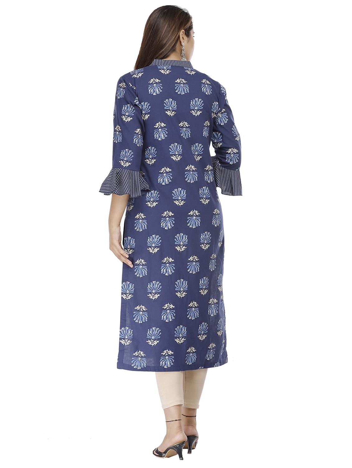 navy printed straight kurta - 18188406 - Zoom Image - 3