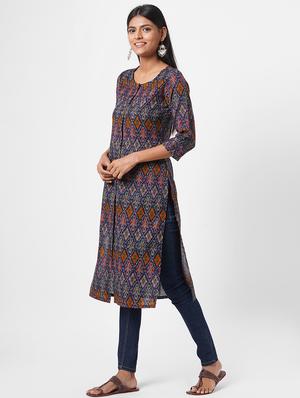 navy blue ikat print straight kurta - 18189434 - Standard Image - 2
