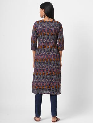 navy blue ikat print straight kurta - 18189434 - Standard Image - 3
